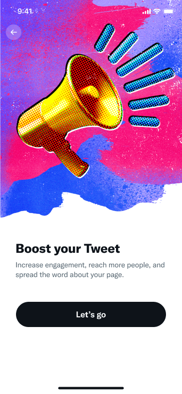 Mobile Quick Promote workflow showing goal selection with illustrated cards for different campaign objectives