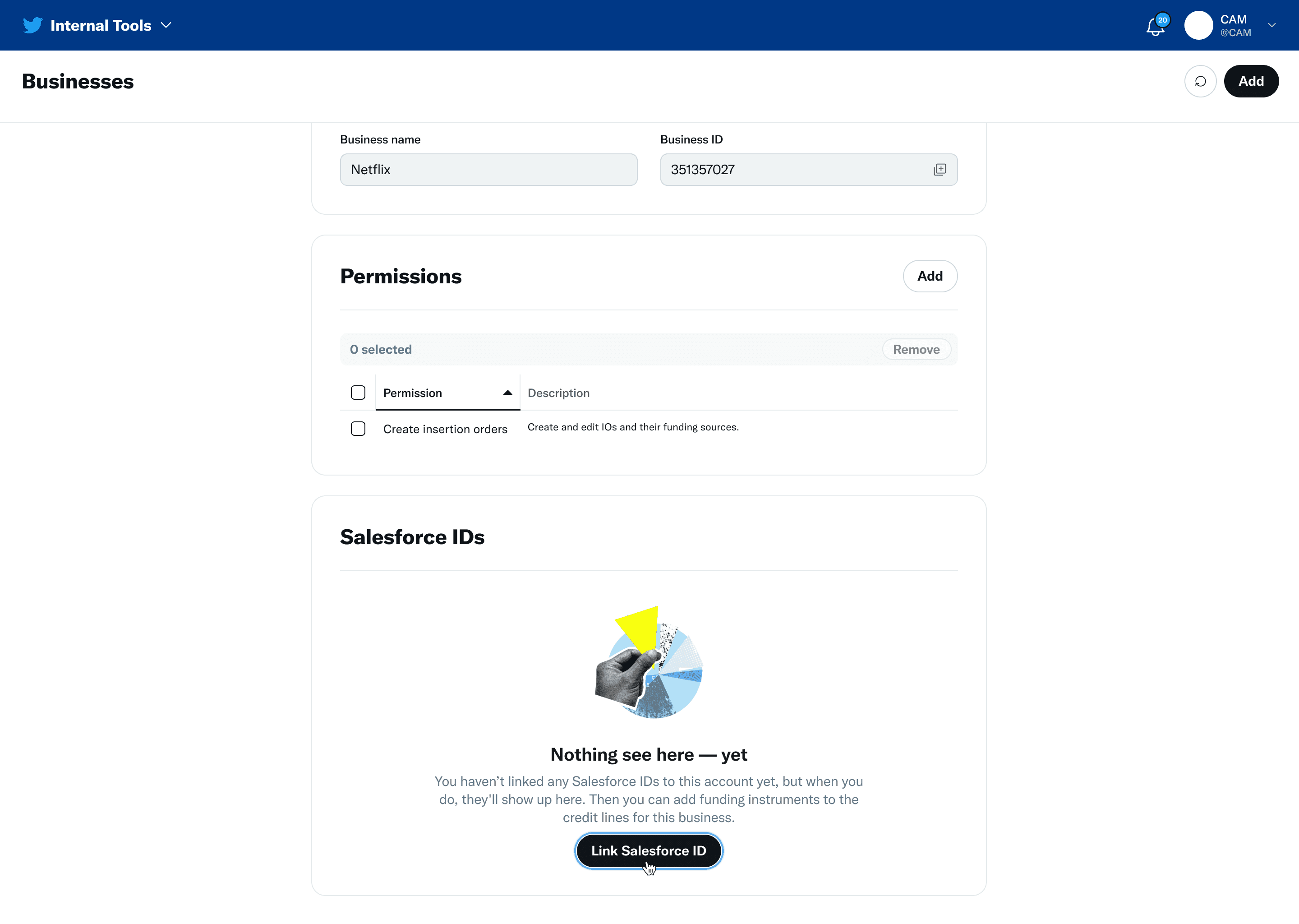 Early design prototype of the Business Settings account linking flow showing screens for connecting ads accounts and professional accounts to a business entity