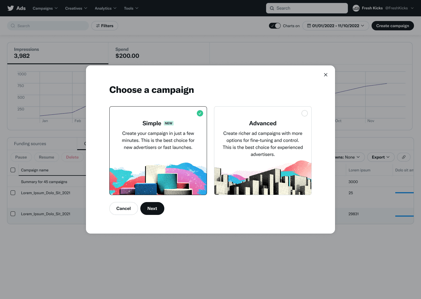 Campaign creation screen with two mode cards: Simple workflow for beginners and Advanced workflow for experienced advertisers