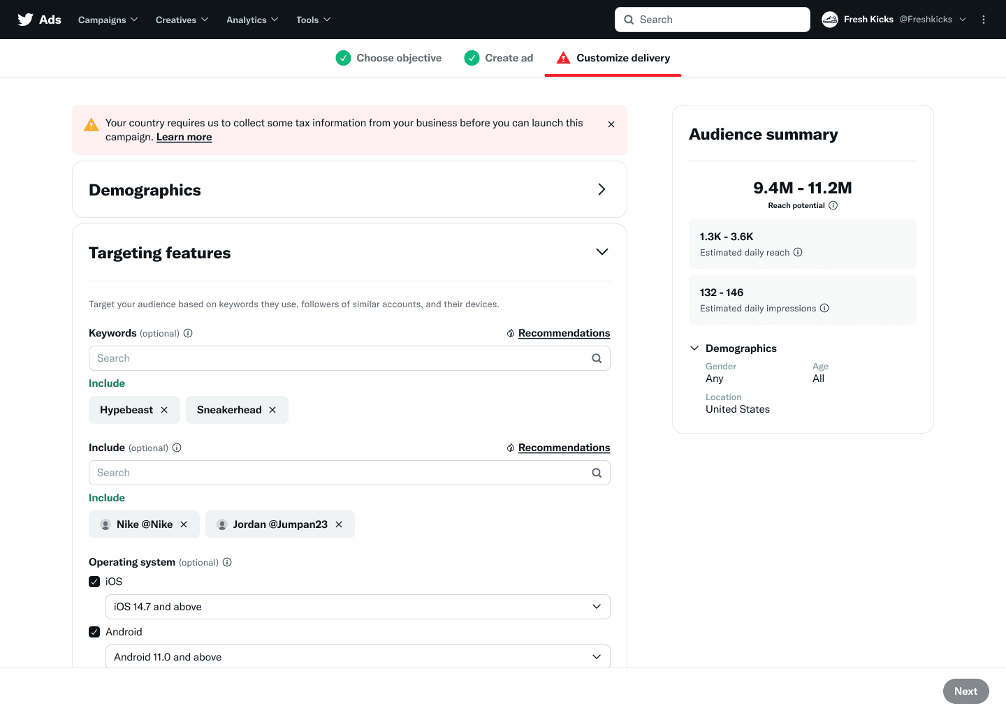 Simplified targeting controls with location selector, audience demographics, and interests with inline help text