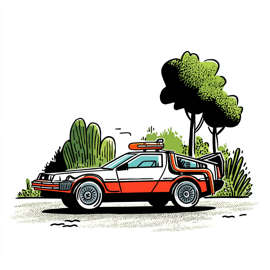 An illustration of a DeLorean time machine parked among shrubs and trees — a nod to the value of looking back at how product organizations have evolved before.