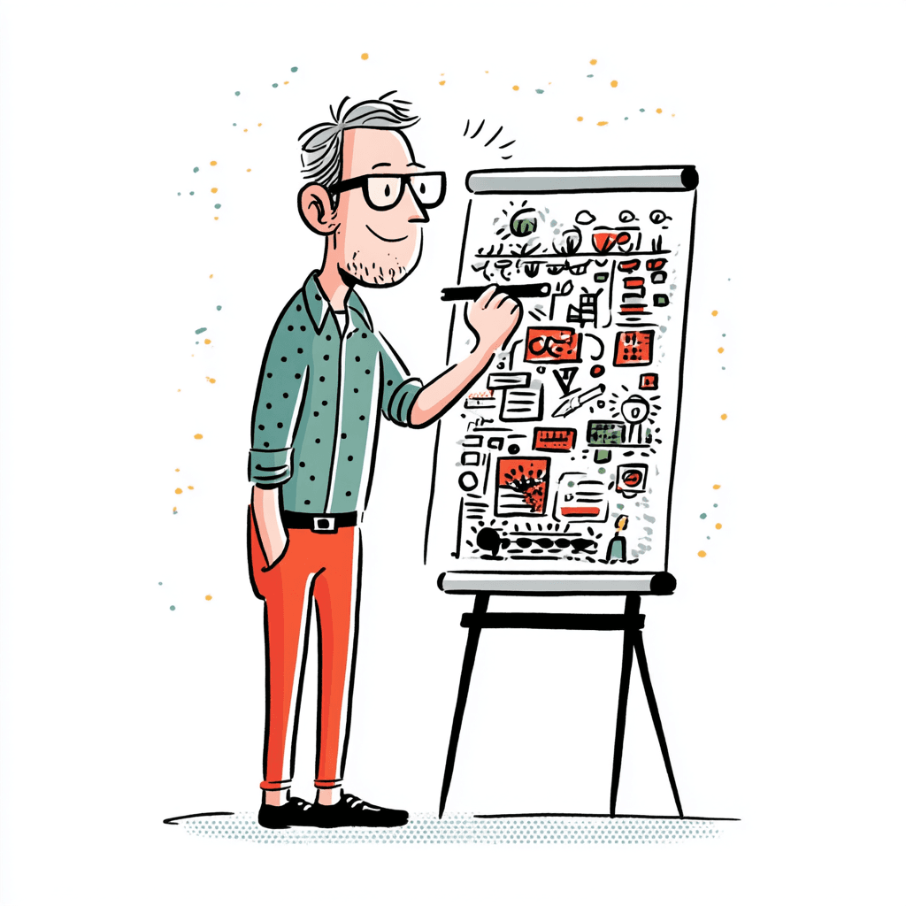 An illustration of a designer standing at an easel covered in sketches, icons, UI components, and data visualizations, pointing at the work with a marker.